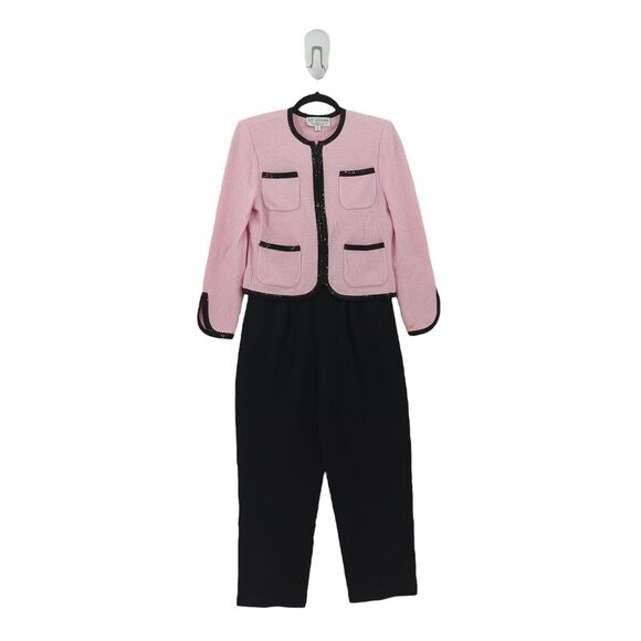 St John Women 2 Suit Set Pink Black Blazer Pants Santana Knit Pleated Paillettes - Picture 2 of 15